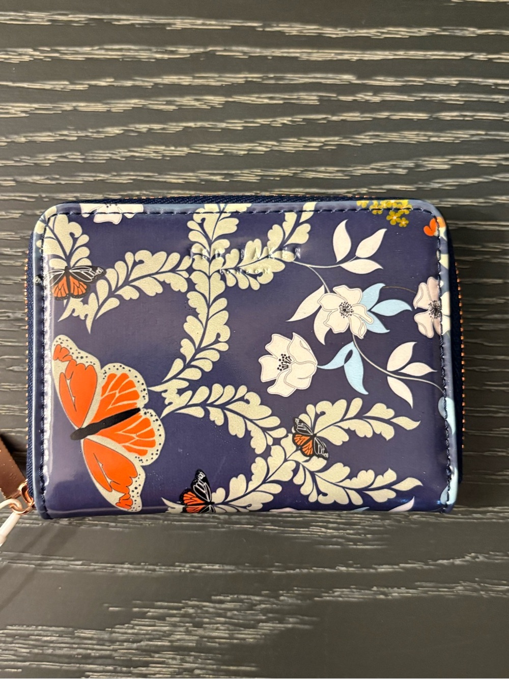 Ted Baker Floral & Butterfly Zip Wallet in Navy and Orange